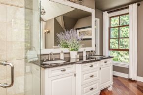 Master bathroom with glass shower, tub & double vanity - Country homes for sale and luxury real estate including horse farms and property in the Caledon and King City areas near Toronto