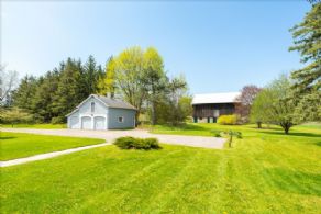 View toward garage with loft & bank barn - Country homes for sale and luxury real estate including horse farms and property in the Caledon and King City areas near Toronto